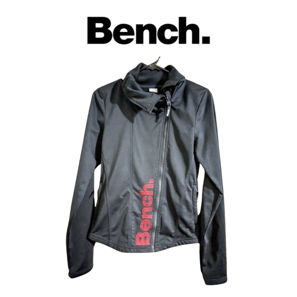 Size small, BENCH long sleeve zip up sweater/jacket in black w/BENCH red logo